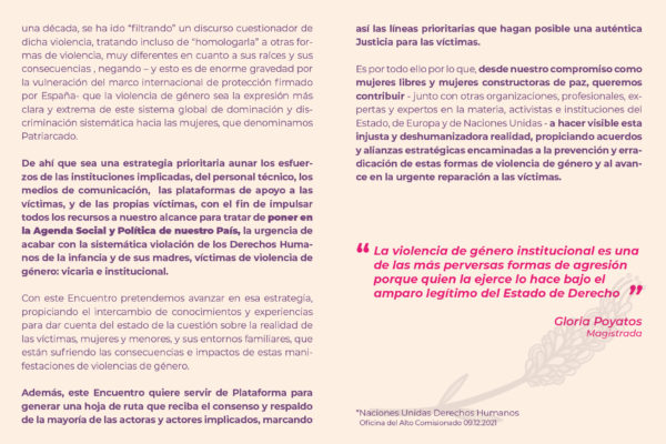 Programa I ENCUENTRO ESTATAL VIOLENCIA VICARIA Y VIOLENCIA DE GÉNERO INSTITUCIONAL EN ESPAÑA