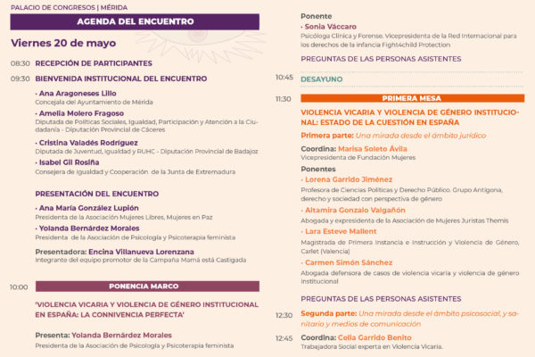 Programa I ENCUENTRO ESTATAL VIOLENCIA VICARIA Y VIOLENCIA DE GÉNERO INSTITUCIONAL EN ESPAÑA